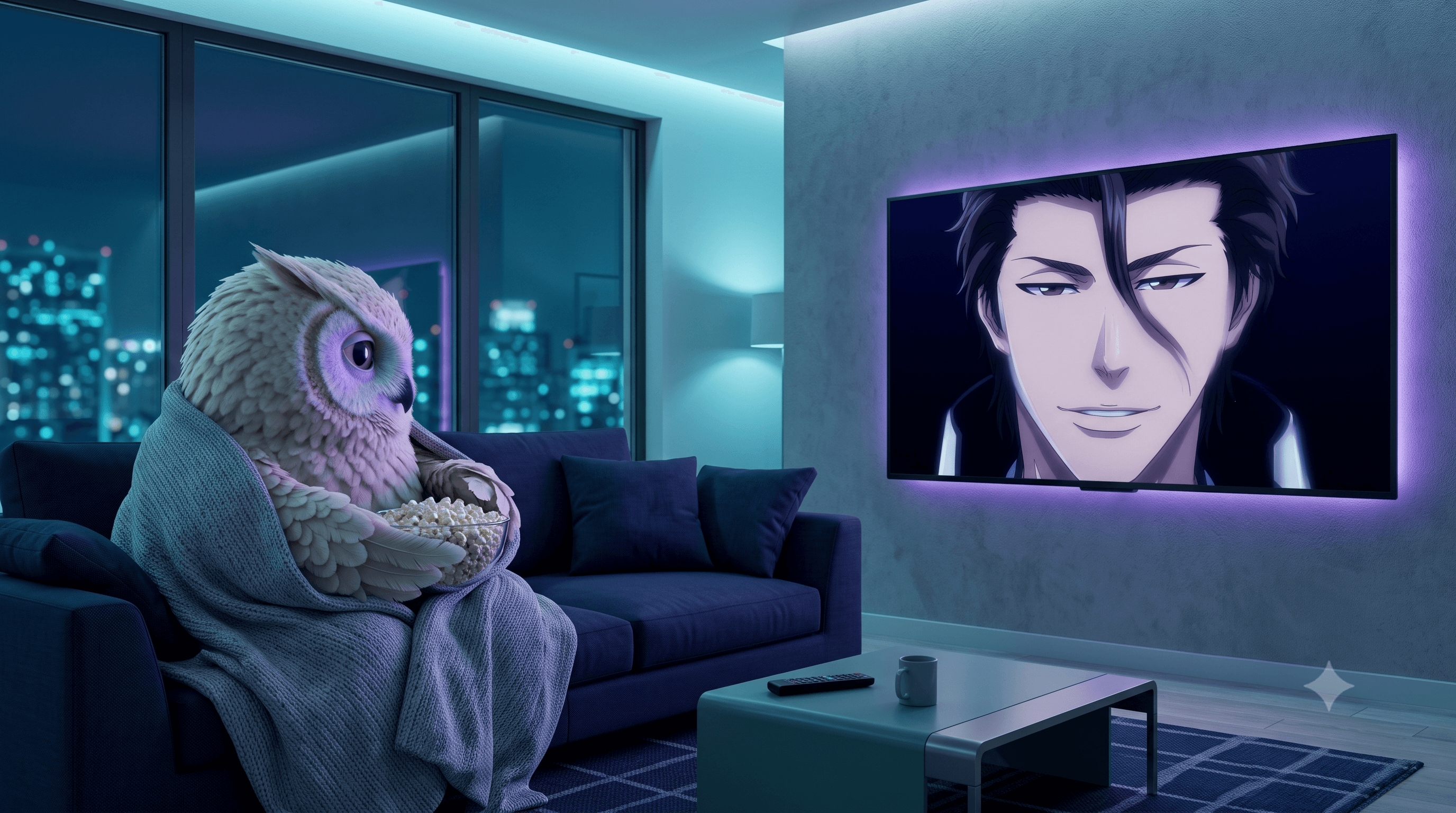 An owl watching anime at home