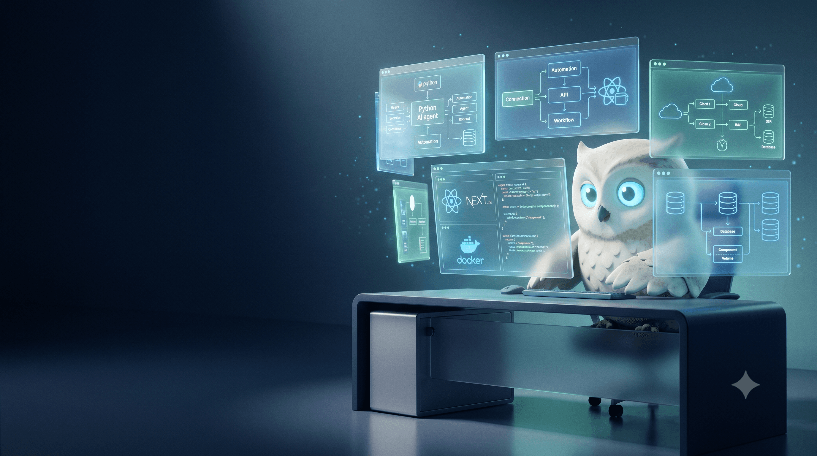 An owl building software among AI and application diagrams