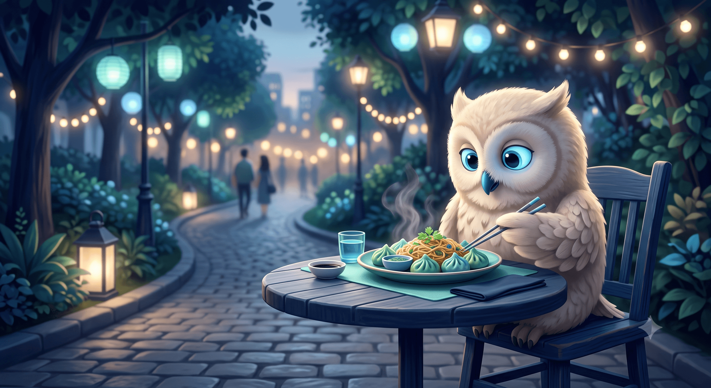 An owl enjoying Indo-Chinese food outdoors
