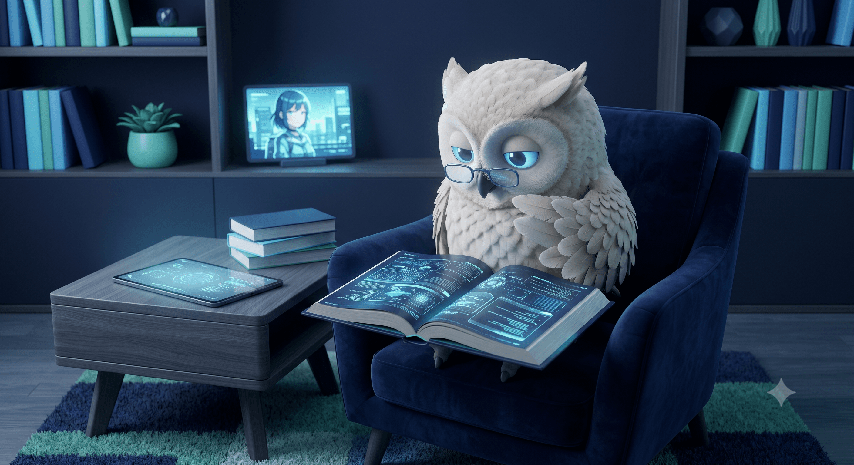 An owl reading books and exploring technology