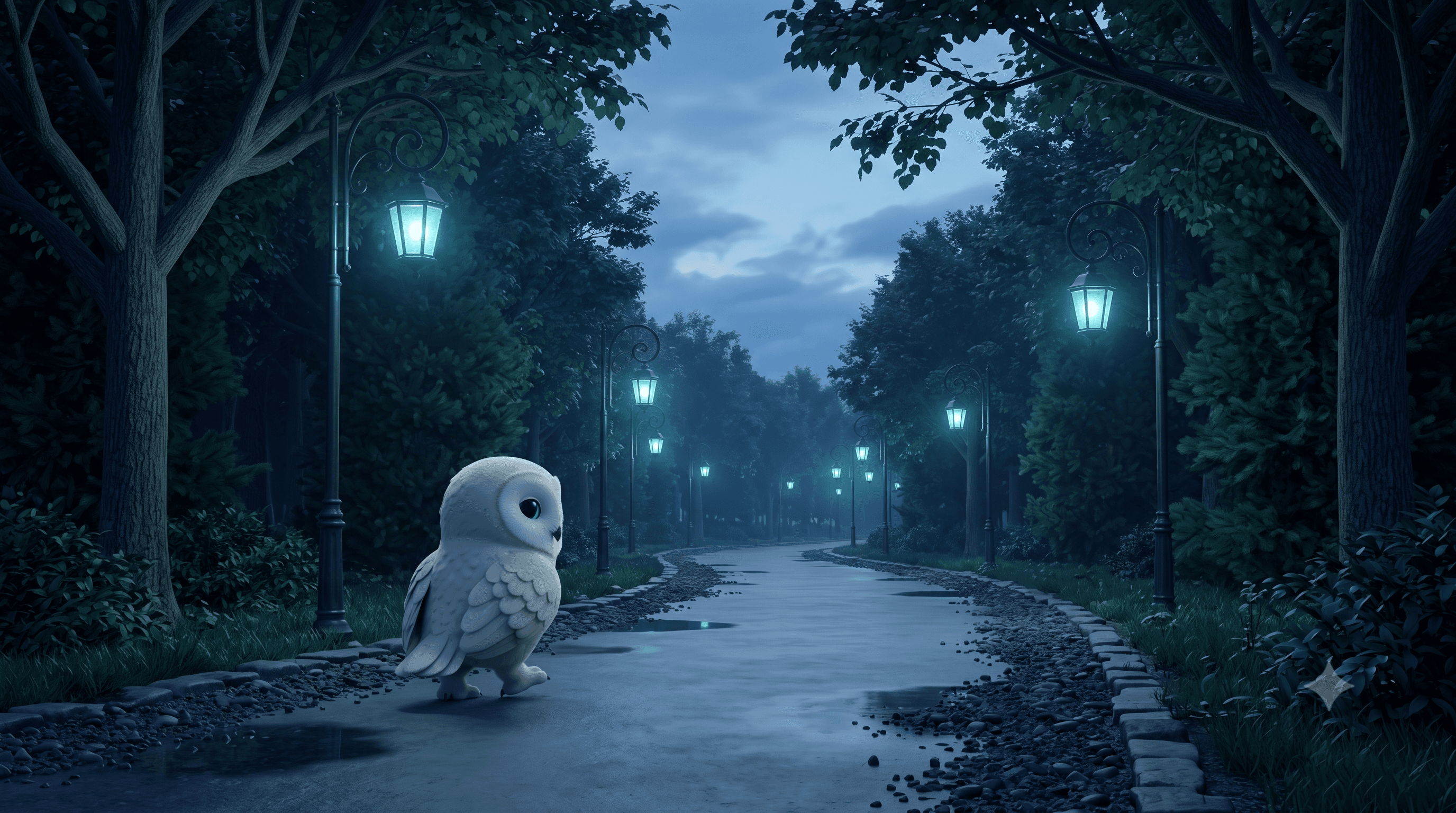An owl taking a long evening walk through a lantern-lit park